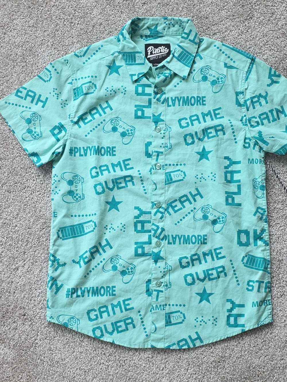 Teal Gamer Graphic Kids Button-Front Shirt